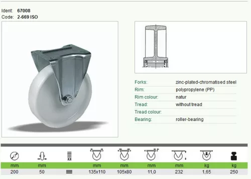 Kerék fix PP tűgörgős 200 fehér 67008