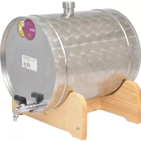 Pálinkatartály fekvő 45L inox, fa állványon Panka