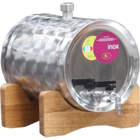 Pálinkatartály fekvő 6L inox, fa állványon Panka